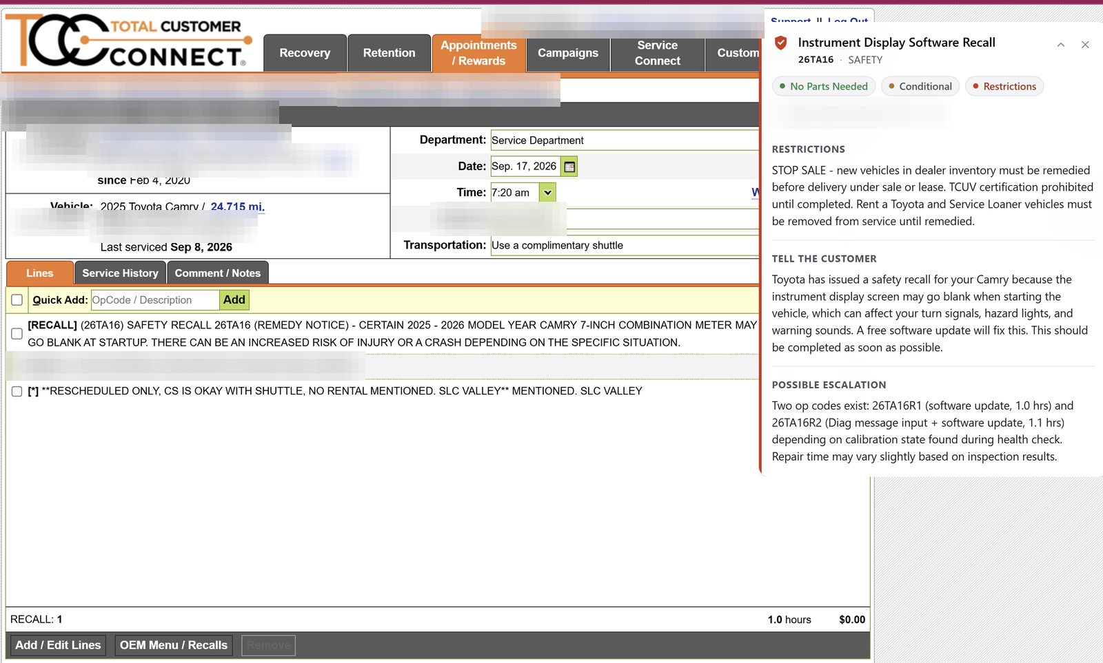 Live TCC appointment with Dealer Copilot open: safety recall 26TA16 on a Camry, STOP SALE restrictions, what to tell the customer, and the two ops. Identifiers and store name blurred.