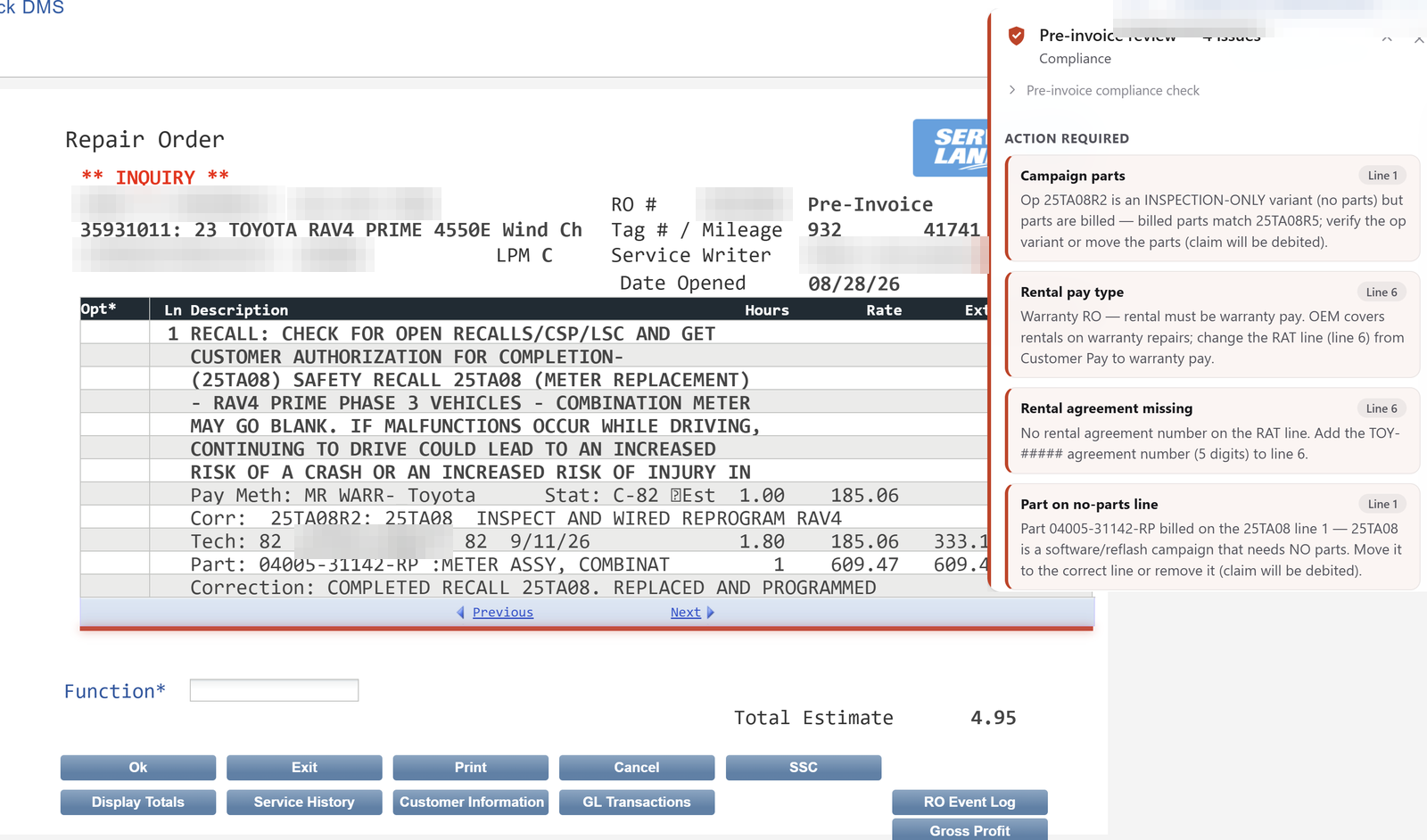 Live DealerTrack repair order with Dealer Copilot open on campaign parts, rental pay type, and a no-parts line. Identifiers blurred.