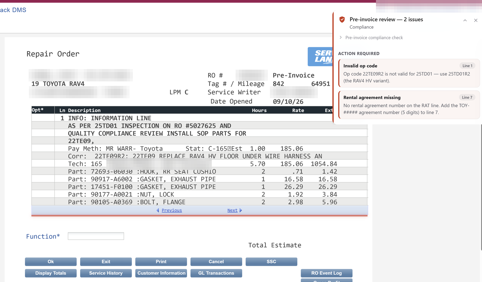 Live DealerTrack repair order. Dealer Copilot says op 22TE09R2 is not valid for 25TD01 — use the RAV4 HV variant — and the rental agreement number is missing. Identifiers blurred.